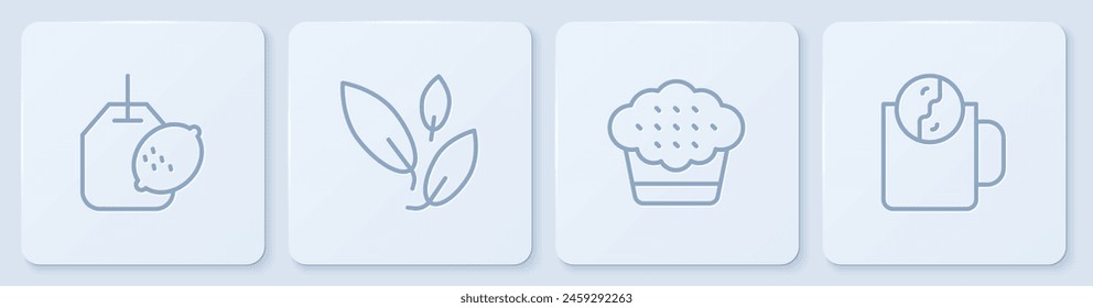 Set line Tea bag with lemon, Muffin, leaf and time. White square button. Vector