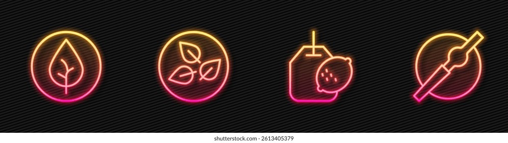 Set line Tea bag with lemon, leaf,  and Cigarette. Glowing neon icon. Vector