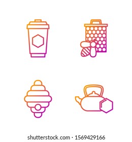 Set line Tea kettle with honey, Hive for bees, Cup of tea with honey and Bee and honeycomb. Gradient color icons. Vector