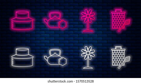 Set line Tea kettle with honey, Flower, Beekeeper with protect hat and Honeycomb with honey dipper stickicon. Glowing neon icon on brick wall. Vector