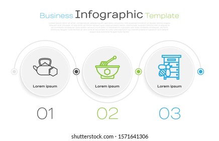 Set line Tea kettle with honey, Honey dipper stick and bowl and Hive for bees. Business infographic template. Vector