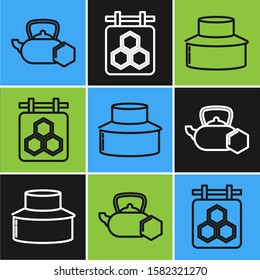 Set line Tea kettle with honey, Beekeeper with protect hat and Hanging sign with honeycomb icon. Vector