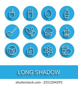 Set line Tea leaf, bag with, Mate tea, Flower, Cup of lemon, French press and Muffin icon. Vector