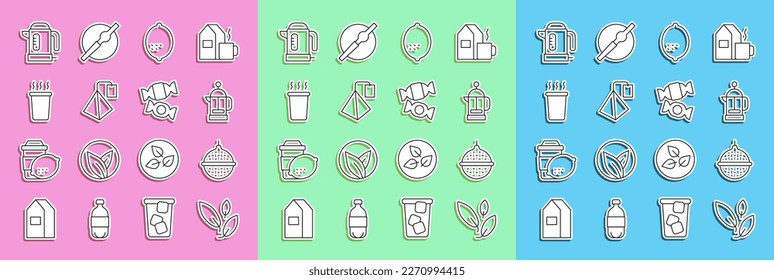 Set-Linie Teeblatt, Ball Teelöffel, französische Presse, Lemon, Tasche, Cup of, Elektrischer Wasserkocher und Candy-Ikone. Vektorgrafik
