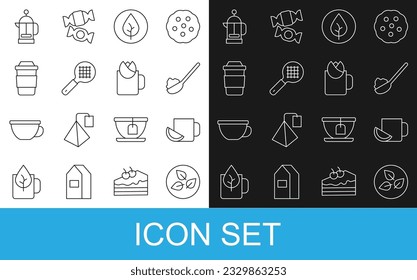 Set line Tea leaf, Cup of tea with lemon, Spoon sugar, strainer handle, French press and rose icon. Vector