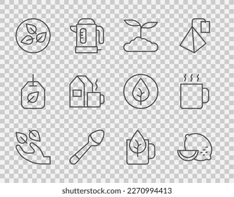 Fijar la hoja de té en la mano, limón, cucharadita, taza de té con leche y un icono. Vector