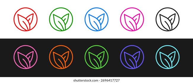 Set line Tea leaf icon isolated on black and white background. Tea leaves.  Vector