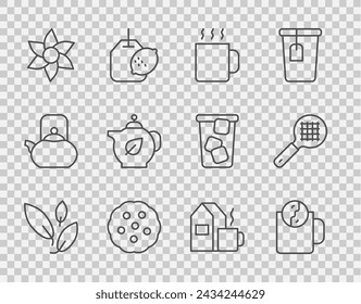 Set line Tea leaf, time, Cup of tea, Cookie or biscuit, Flower, Teapot with, milk and strainer handle icon. Vector