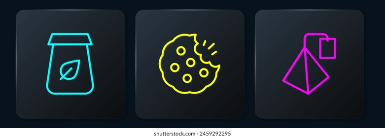 Set line Tea packaging, bag and Cookie or biscuit. Black square button. Vector