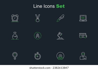 Set line Teacher, CD or DVD disk, Stopwatch, Unknown search, School Bus, Table lamp, Exam sheet with A plus grade and Test tube icon. Vector