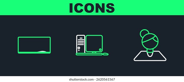 Set line Teacher, Chalkboard and Computer monitor with keyboard and mouse icon. Vector