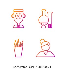 Set line Teacher, Pencil case stationery, Award cup and Test tube and flask chemical laboratory test. Gradient color icons. Vector