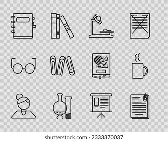 Set line Teacher, Test tube flask chemical laboratory test, Notebook, Paper, Presentation financial board with graph, schedule, chart, diagram, infographic, pie graph and Coffee cup icon. Vector