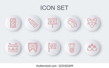 Set Line Team von Baseball Spielern, Baseball Arena, Planungsstrategie, Medaille mit, Mobile, Flasche Wasser, mechanische Scoreboard und Flag Symbol. Vektorgrafik