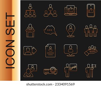 Fijar línea Líder de equipo, Mano para personas de búsqueda, Grupo de usuarios, como, Chat de burbuja de voz, Altavoz, organigrama de jerarquía e icono de ubicación del trabajador. Vector