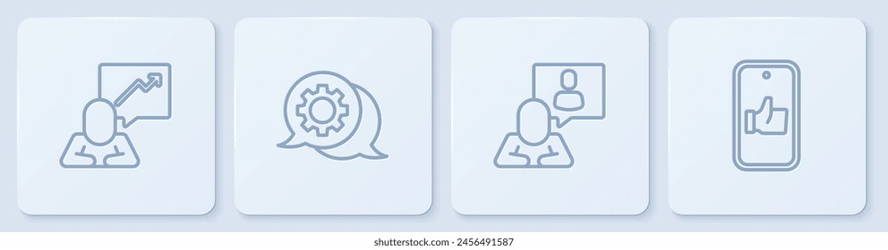 Set line Team leader, Head hunting, Speech bubble chat and Hand like. White square button. Vector