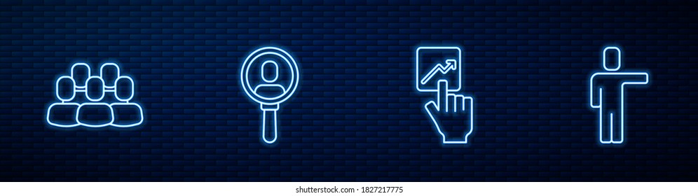 Set line Team leader, Project team base, Search people and Head hunting. Glowing neon icon on brick wall. Vector