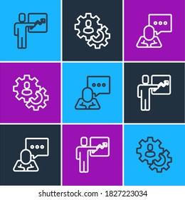Set line Team leader, Speech bubble chat and Head hunting icon. Vector