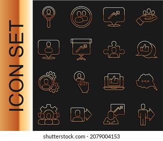 Set line Team leader, Speech bubble chat, Hand like, Graph, schedule, chart, Chalkboard with diagram, Head hunting, Search people and Project team base icon. Vector