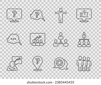 Set line Team leader, Users group, Head hunting, Question mark, Project team base, Speech bubble chat and Hierarchy organogram chart icon. Vector