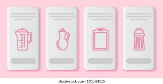 Set line Teapot , Bottle of olive oil , Cutting board  and Salt . White rectangle button. Vector