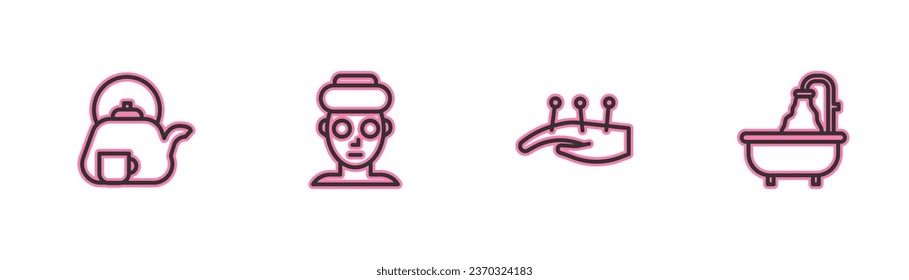 Set line Teapot with cup, Acupuncture therapy, Facial cosmetic mask and Bathtub icon. Vector