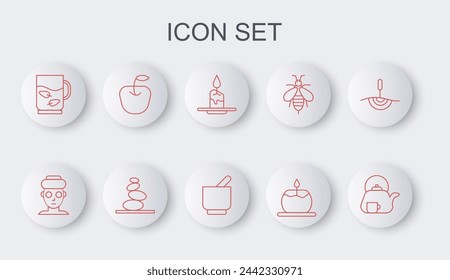 Set line Tetera con taza, mascarilla cosmética facial, vela de aroma, taza de hoja de té, manzana, pilas de piedras calientes e icono de mortero de mortero. Vector