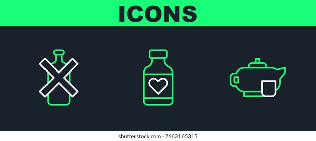 Fije la línea de la tetera con la taza, no alcohol y el icono de la píldora de la vitamina. Vector