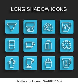 Set line Teapot, Irish coffee, Coffee paper filter, cup, Jug glass with water,  and Bag beans icon. Vector