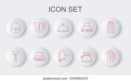 Set line Teapot, Kitchen hammer, Covered with tray, Kettle handle, timer, Measuring cup, extractor fan and Oven glove icon. Vector