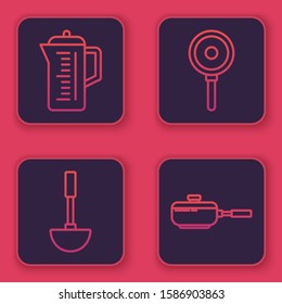 Set line Teapot , Kitchen ladle , Frying pan  and Frying pan . Blue square button. Vector