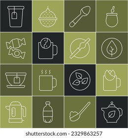 Set line Teapot with leaf, Cup of tea rose, Teaspoon, time, Candy, bag and Cigarette icon. Vector