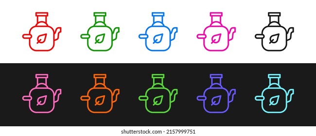 Set line Teapot with leaf icon isolated on black and white background.  Vector
