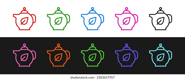 Set line Teapot with leaf icon isolated on black and white background.  Vector