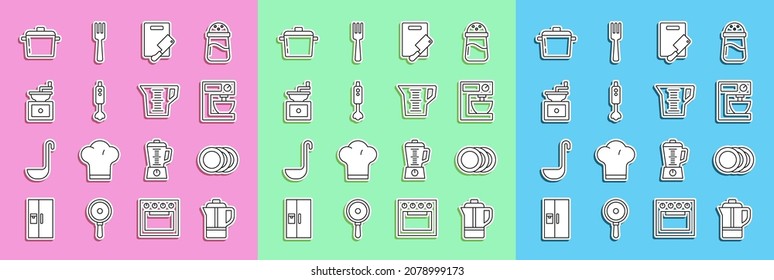 Set line Teapot, Plate, Electric mixer, Cutting board and meat chopper, Blender, Manual coffee grinder, Cooking and Measuring cup icon. Vector