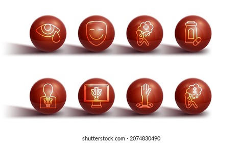 Set line Tear cry eye, Psychology, Psi, Sedative pills, Helping hand, Psychologist online, Comedy theatrical mask, Man graves funeral sorrow and  icon. Vector