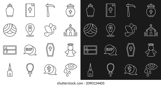Set line Tear cry eye, Angel, Church building, Scythe, Coffin with cross, Memorial wreath, Funeral urn and Dove icon. Vector