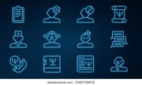 Set line Tear cry eye, Online psychological counseling, Yin Yang symbol, Hypnosis, Male doctor, Psychological test, Dreams and Solution problem psychology icon. Vector