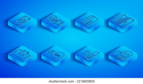 Set line Tearing money banknote, Money plant the pot, Credit card, bag, Pos terminal, Treasure chest, Mobile banking and Coin with dollar icon. Vector