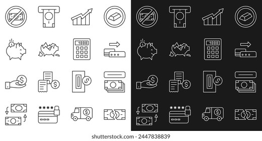 Set line Tearing money banknote, ATM and, Pos terminal, Financial growth increase, Broken piggy, Piggy with coin, No and Calculator icon. Vector