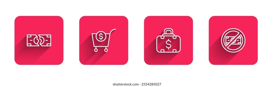 Set line Tearing money banknote, Shopping cart and dollar, Briefcase and No with long shadow. Red square button. Vector