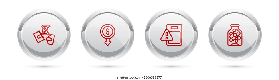 Set line Tearing money banknote, Dollar rate decrease, Global economic crisis and Glass jar with coin. Silver circle button. Vector