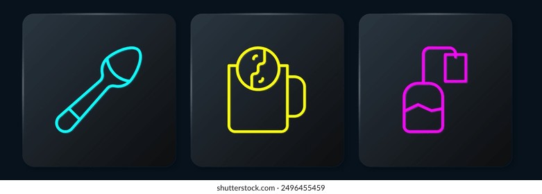 Set line Teaspoon, bag and time. Black square button. Vector