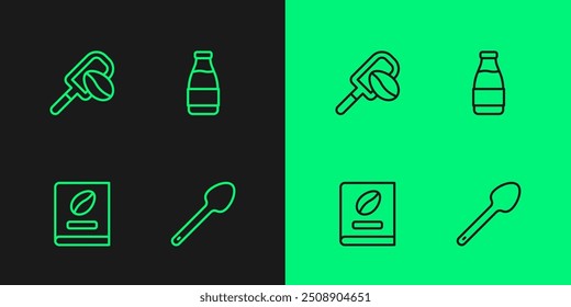 Set line Teaspoon, Coffee book, Spatula with coffee grain and Milk bottle icon. Vector