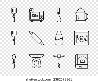 Set line Teaspoon, Cookbook, Kitchen ladle, Scales, Barbecue spatula, Rolling pin, Wine corkscrew and Cooking live streaming icon. Vector