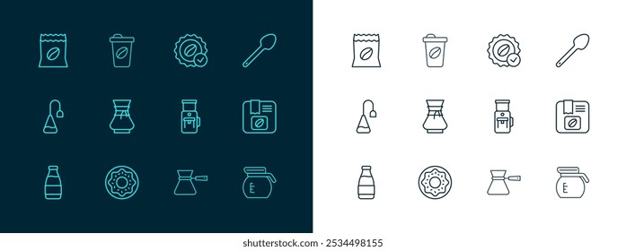 Set line Teaspoon, Donut, Electric coffee grinder, Coffee turk, Pour over maker, Medal for, Bag beans and cup to go icon. Vector