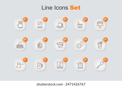 Set line Teaspoon, French press, Coffee book, cup, turk, Iced coffee, Cookie or biscuit and Pour over maker icon. Vector
