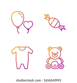 Set line Teddy bear plush toy, Baby clothes, Balloons in form of heart and Candy. Gradient color icons. Vector