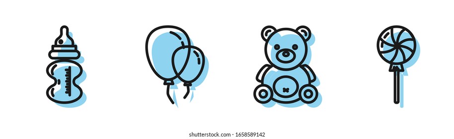 Fije la línea de juguete de oso de Teddy, botella de Bebé, globos con cinta y icono de Lollipop. Vector