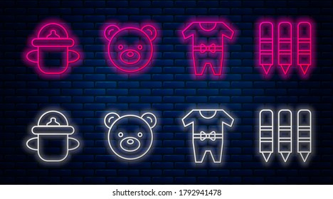 Set line Teddy bear plush toy, Baby clothes, Baby bottle and Wax crayons for drawing. Glowing neon icon on brick wall. Vector